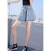 Women Light Blue Elastic Waist drawstring Asymmetrical Pockets Cotton Denim Short Pants Summer